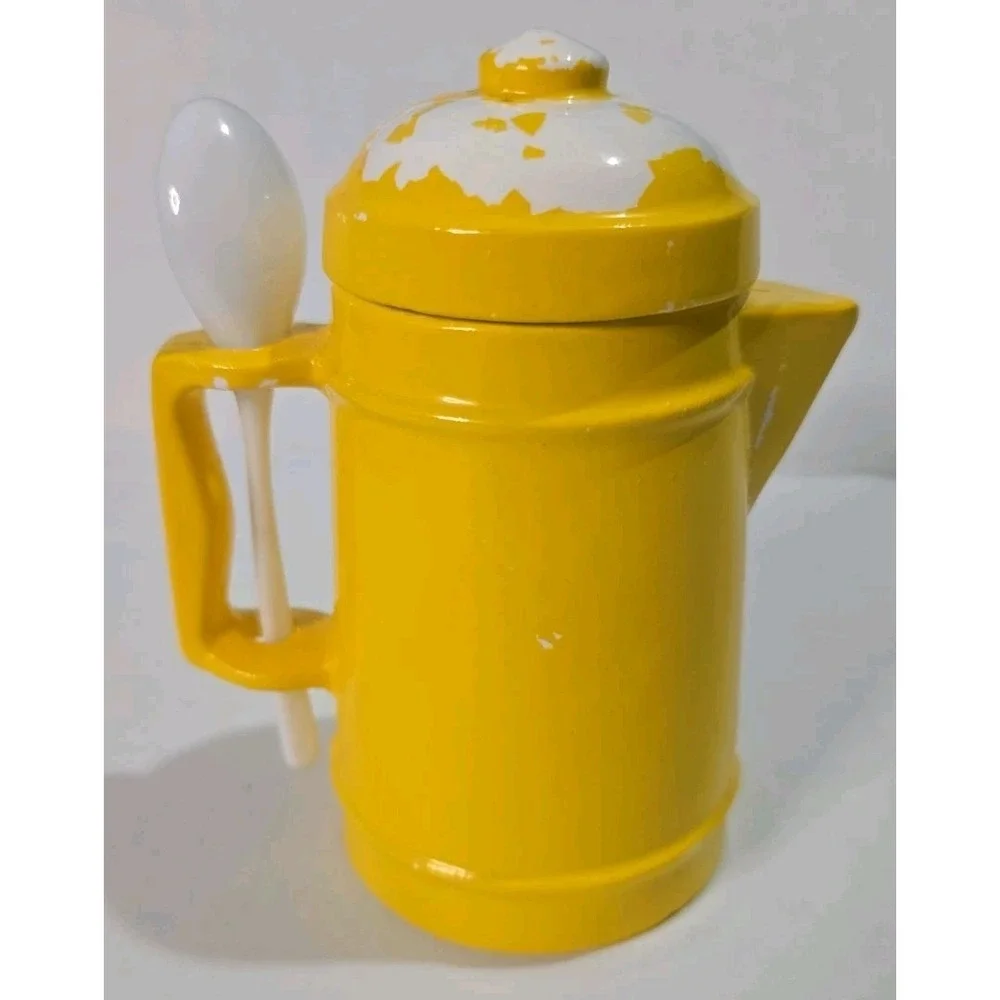 Vintage Ceramic Coffee Pot Instant Coffee Canister Yellow Cold Paint  Japan